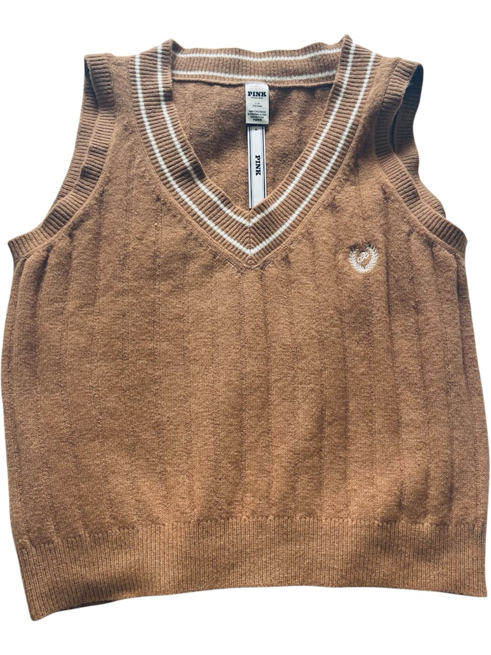 NWT PINK Victoria's Secret Camel V-Neck Sleeveless Sweater Vest L